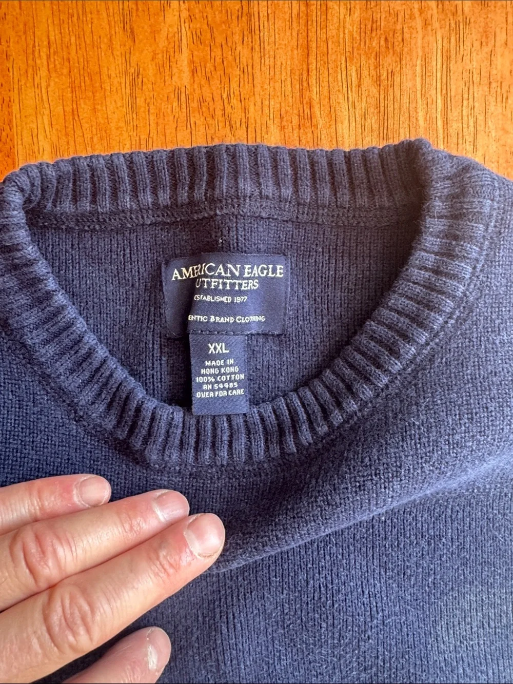 American Eagle Men's XXL Navy Blue Crewneck Sweater with Contrast Sleeve Stripes